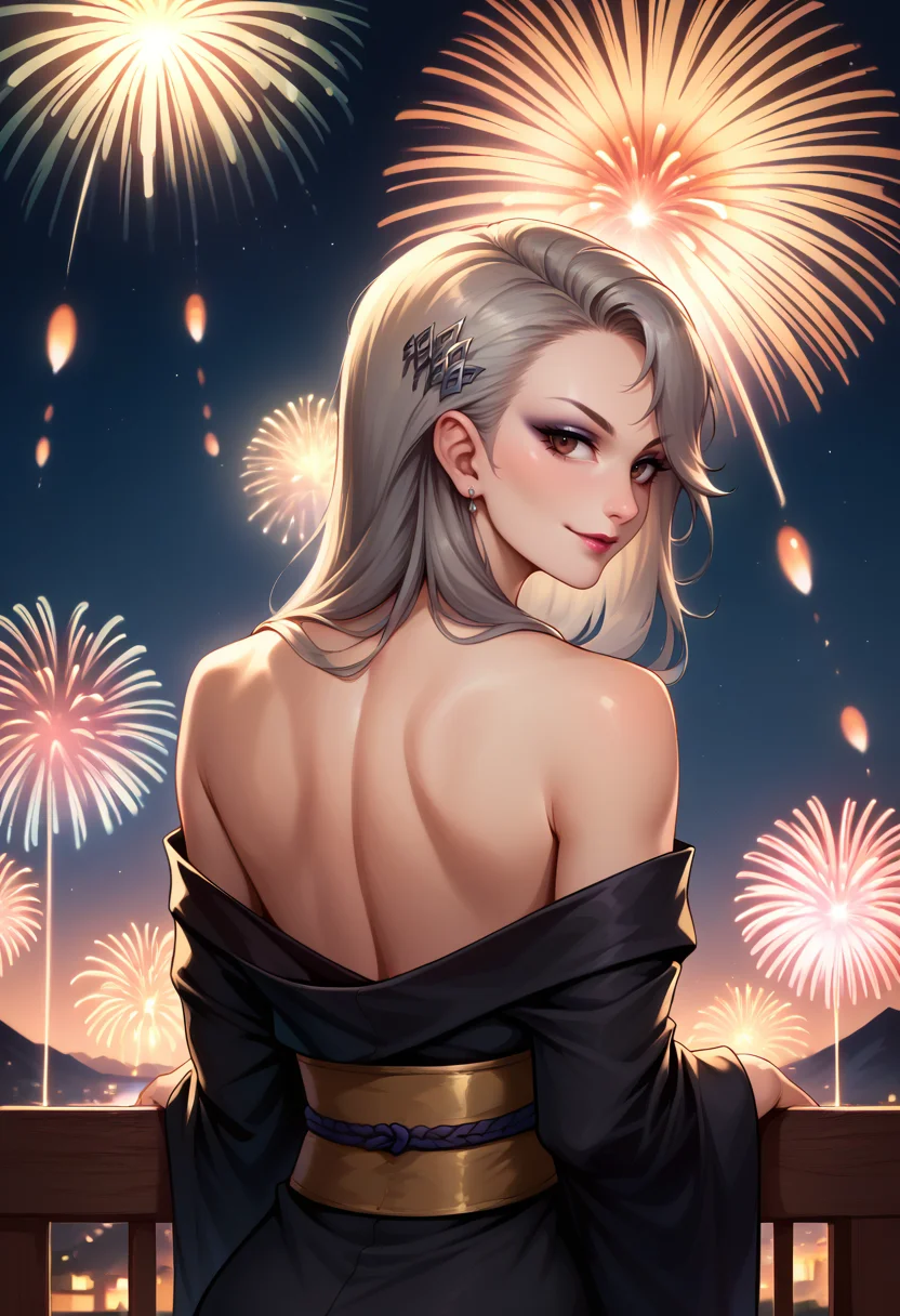 score_9, score_8_up, score_7_up, from behind, solo, 1girl, saeniijima, makeup, lipstick, slight smile, looking back, hair ornament, brown eyes, black kimono, off shoulder, bare shoulders, fireworks <lora:persona5_saeniijima_ponyXL:1>