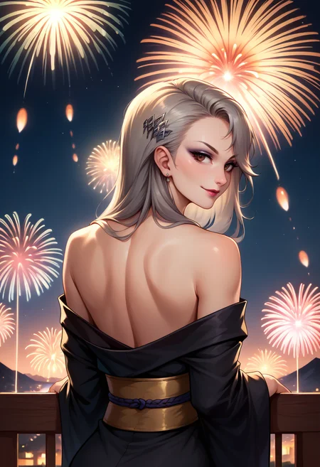 score_9, score_8_up, score_7_up, from behind, solo, 1girl, saeniijima, makeup, lipstick, slight smile, looking back, hair ornament, brown eyes, black kimono, off shoulder, bare shoulders, fireworks <lora:persona5_saeniijima_ponyXL:1>