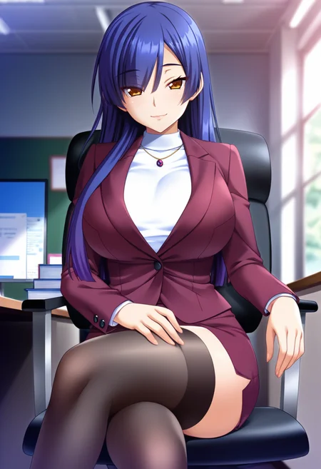 masterpiece, best quality, amazing quality,risako kashima, yellow eyes, blue hair, mature female, 1girl, solo, long hair, breasts,pencil skirt, large breasts, black thighhighs,suit,maroon jacket, maroon skirt, white shirt,closed mouth, light smile, sitting, crossed legs, looking at viewer, blurry background, indoors, office <lora:risako kashimaV1:0.9>