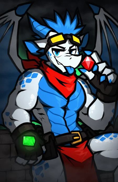 half-length portrait, 
fog, green light, green lighting, backlighting, dark background, dark lighting, 
solo, anthro, dragon, male, scales, adzy, muscular, big muscles, slim male, wings, membranous wings, 
two tone body, white scales, blue scales, white body, blue scales, blue eyes, blue tongue, 
goggles on head, red kerchief, fingerless gloves, belt, belt pouch, bean bag, kerchief around hip, loincloth, 
on wall, smug grin, blue blep, sitting on building, leg on side, looking at viewer, holding gem, red gem, big gem, (sparks gem:0.6), 
BREAK hi res, absurd res, highres, absurdres,
[wub \(artist\)::0.8],  
BREAK [<lora:Adzy-NoobAI-V2:0.8>::0.3]