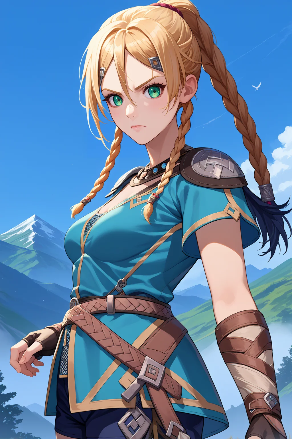 score_9, score_8_up, score_7_up, score_6_up, source_anime, 1girl, solo <lora:yskarja-pdxl-nvwls-v1-000005:1> ysKarja, blonde hair, braided ponytail, twin braids, green eyes, feathers, necklace, shoulder armor, blue tunic, belt, black shorts, armored legwear, fingerless gloves, medium breasts, from side, confused, looking at you, blue sky, mountains