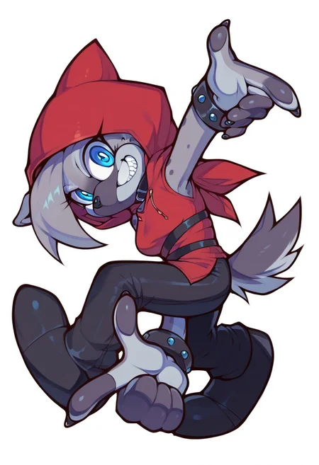 score_9, score_8_up, score_7_up, score_6_up, anthro,, anthropomorphic grey hyena, female, black collar, 1girl, grey fur, blue eyes, (red hood:1.3), black sleeveless, black work pants, hands on own head, looking at viewer, grin, teeth, full body, sonic adventure pose