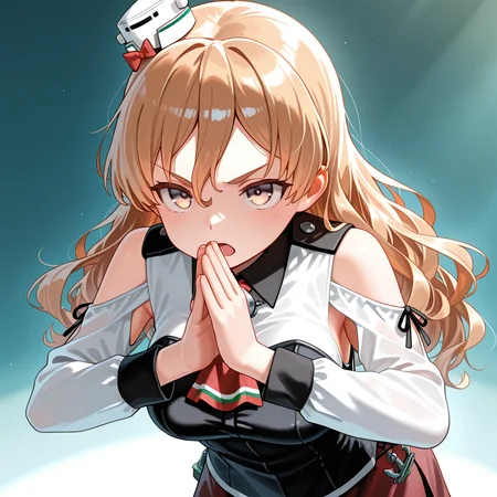 1girl,solo,<lora:IL_aisatsu_meme:1>,nin_sly,aisatsu,leaning forward,own hands together,arched back,serious,upturned eyes,open mouth,<lora:Unfazed - Illustrious character enhancer:0.5>,kantai_collection,zara (kancolle),kantai collection,, masterpiece,best quality,amazing quality,very aesthetic,absurdres,