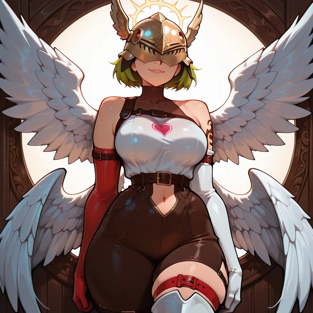 heart, 1girl, solo, brown hair, short hair, matoi ryuko, nami, sue storm, smile, slight smirk, brown eyes, soft lighting, summer background masterpiece, best quality, very aesthetic, absurdres, angwmn, covered eyes, winged helmet, head wings, angel wings, white wings, multiple wings, feathered wings, covered collarbone, thigh straps, navel cutout, clothing cutout, asymmetrical clothes, shawl, hagoromo, belt, bare shoulders, elbow gloves, white footwear, boots, skindentation, deep skin,3xpr3sgg0th1cn30n1nc4s3, ExpresHGothicNeonIncaseUOC, ExpresHGothicNeonIncase