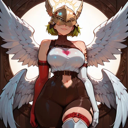 heart, 1girl, solo, brown hair, short hair, matoi ryuko, nami, sue storm, smile, slight smirk, brown eyes, soft lighting, summer background masterpiece, best quality, very aesthetic, absurdres, angwmn, covered eyes, winged helmet, head wings, angel wings, white wings, multiple wings, feathered wings, covered collarbone, thigh straps, navel cutout, clothing cutout, asymmetrical clothes, shawl, hagoromo, belt, bare shoulders, elbow gloves, white footwear, boots, skindentation, deep skin,3xpr3sgg0th1cn30n1nc4s3, ExpresHGothicNeonIncaseUOC, ExpresHGothicNeonIncase