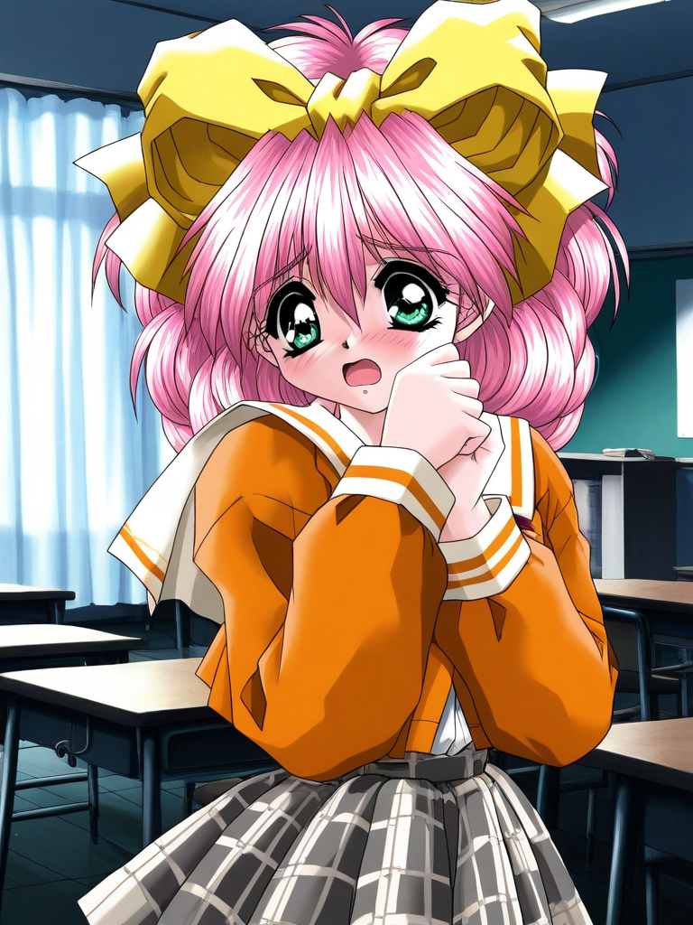 general,highres, ultra-detailed,very aesthetic,best quality ,best hands, BREAK <lora:Kanzaki_Suzu_Akumu_AoiKajitsunoSange_IS:1>
Kanzaki_Suzu, 1girl, solo, pink hair, medium hair, yellow bow, green eyes, hair bow, short,
orange school uniform, gray plaid skirt, white and black skirt, 
embarrassed+afraid,
open mouth,
class room, curtain,