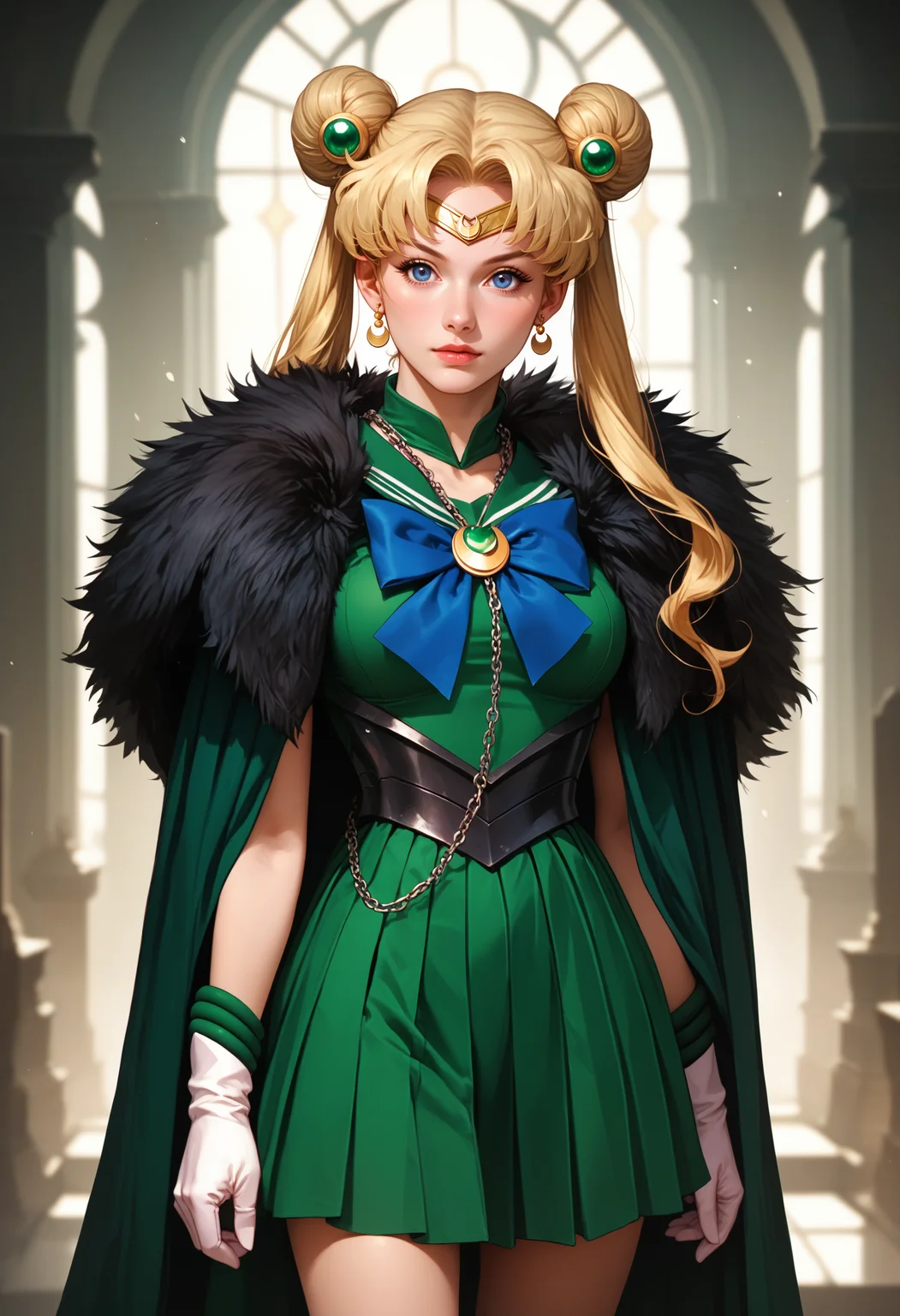 score_9, score_8_up, score_7_up, score_6_up, adult woman, solo, L4DY , sailor moon \(usagi tsukino\), blonde hair, twin buns, sailor outfit, tiara, magical girl, (chain leash), green dress, cincher, armor, cloak, fur trim, gloves, <lora:LOW-60-PDXL:0.8>