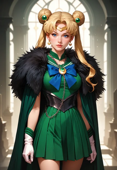score_9, score_8_up, score_7_up, score_6_up, adult woman, solo, L4DY , sailor moon \(usagi tsukino\), blonde hair, twin buns, sailor outfit, tiara, magical girl, (chain leash), green dress, cincher, armor, cloak, fur trim, gloves, <lora:LOW-60-PDXL:0.8>
