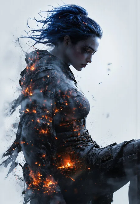 A striking double exposure artwork: a rebellious young woman with vibrant blue hair, sitting confidently in a dynamic pose, her face partially covered by a sleek black mask. Her silhouette merges with an apocalyptic cityscape engulfed in flames and smoke. The fiery background transitions seamlessly into the details of her clothing and skin, creating a powerful juxtaposition of human resilience and chaos.
