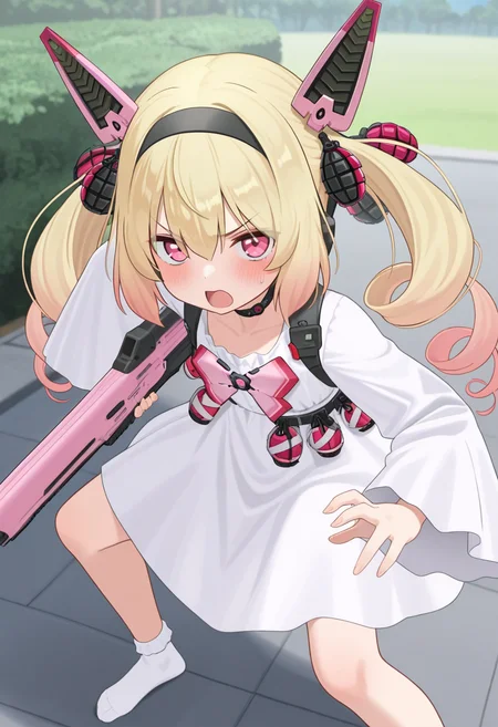 ikinone_tomeru, blonde hair, twintails, hairband, multicolored hair, black hairband, hair ribbon, pink eyes, long hair, gradient hair, headgear, hair between eyes ,drill hair, mechanical ears, 
choker, white dress,ong sleeves, grenade, bow, ribbon, official alternate costume, white socks, no shoes,
holding pink weapon, 
 <lora:ikinone_tomeru_Illustrious-XL_2.0_v1:1>, IllusP0s,masterpiece, best quality, amazing quality, very aesthetic, absurdres, newest
solo,1girl,, standing, (dynamic pose,fighting stance), open mouth, blush, v-shaped eyebrows, 
looking at viewer,(upper body, close-up),
(outdoors, )