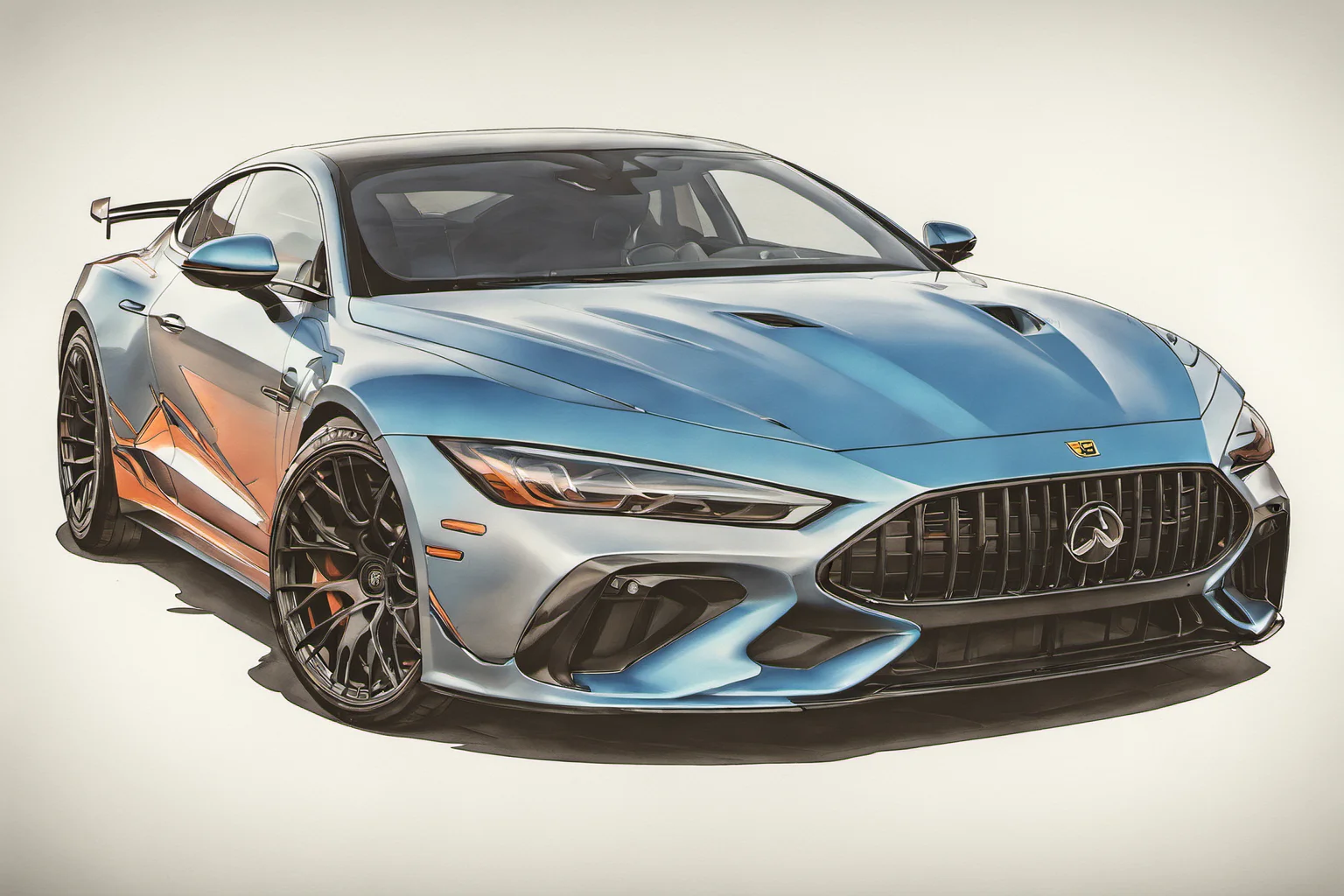 marker rendering of a car, concept art, sporty, fast, sleek, sexy, aggressive, high performance, colorful, marker, crisp lines, sketch, illustration, illustrative, marker drawing, expressive strokes, graphic, sharp, crisp, in-focus, uncropped, high-quality <lora:MercedesAGTGTCoupe:1.2>