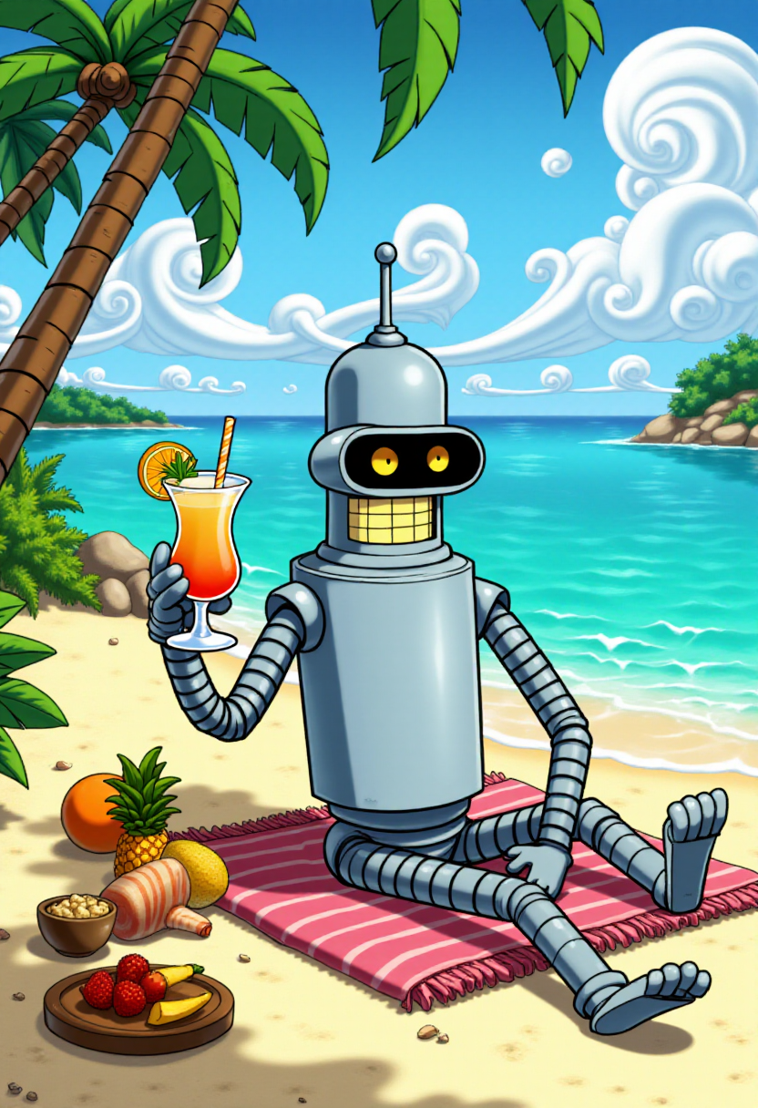 <lora:KFT_Curse_of_Dragons_Crown_Style_FLUX:1>
The image is a vibrant, digitally created kftfantasy illustration featuring   Bender on the beach, lounging, drinking a tropical drink