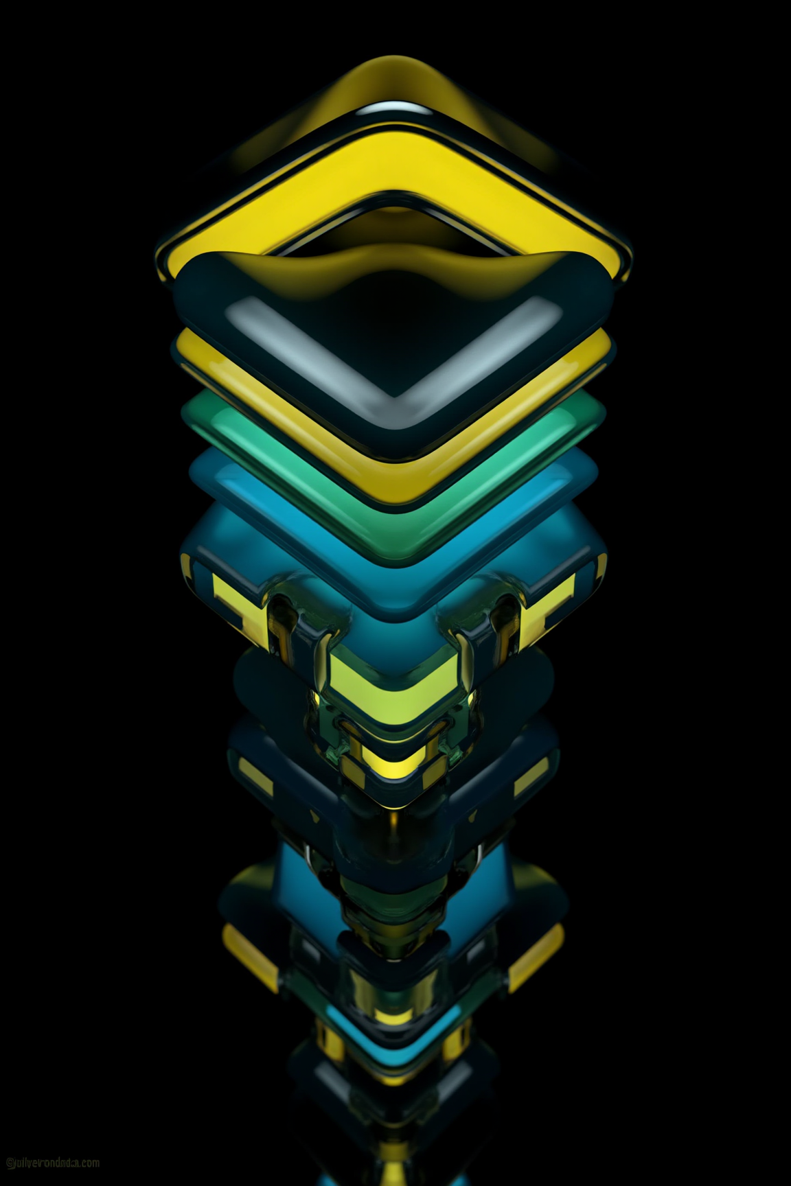A 3D Rendered abstract of, sharp photo of a digital art piece that appears to be an abstract composition. It is a close-up of a large, triangular object that is lit up with a bright yellow light. The object is made up of multiple layers of different shades of blue and green, creating a gradient effect. The top layer is a darker shade of blue, while the bottom layer is lighter shade of green. The objects are arranged in a way that creates a sense of depth and dimension. The background is completely black, making the object stand out even more. The overall mood of the image is mysterious and captivating.