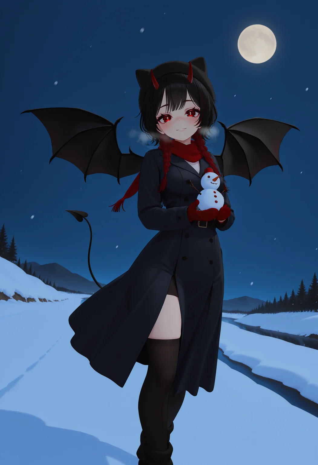 masterpiece,best quality,newest,incredibly absurdres,very aesthetic,absurdres,very awa,highres,detailed background,
<lora:VikiHaos:0.7>,VikiHaos,oni horns,demon wings,demon tail,red eyes,black hair,twin red braids,makeup,medium breasts,colored eyelashes,thick eyelashes,glowing eyes,shaded face,zettai ryouiki,
cinematic light,muted color,sharp focus,rich colors,volumetric lighting,solo focus,depth of field,raytracing,moonlight,night sky,night,full_moon,
posing,dynamic pose,dynamic angle,looking at viewer,snowing,snowflakes,snow field background,sky,sidelighting,darkness,colored lineart,lineart,
river,smile,naughty face,nose blush,heavy breathing,head tilt,winter clothes,winter coat,hat with ears,red scarf,arm warmers,black leg warmers,warm gloves,holding snowman,long skirt,
<lora:add-detail-xl:0.35>,<lora:ponyv6_noobV1_2_adamW:0.6>,