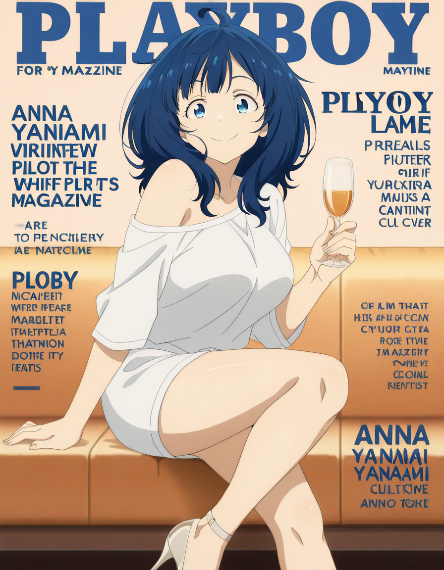 masterpiece, best quality, amazing quality,, <lora:anna-yanami-s1-illustriousxl-lora-nochekaiser:1>, anna yanami, yanami anna, medium hair, blue eyes, ahoge, blue hair, mature female, breasts, anime screencap, <lora:playboy-magazine-cover-illustriousxl-lora-nochekaiser:1>, playboy magazine cover, magazine cover, english text, playboy, smile, shirt, holding, white shirt, off shoulder, high heels, cup, cover, drinking glass, , ,