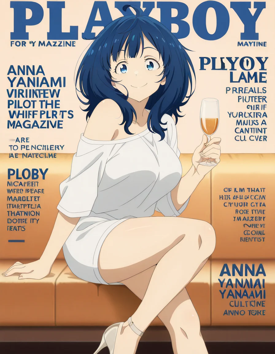 masterpiece, best quality, amazing quality,, <lora:anna-yanami-s1-illustriousxl-lora-nochekaiser:1>, anna yanami, yanami anna, medium hair, blue eyes, ahoge, blue hair, mature female, breasts, anime screencap, <lora:playboy-magazine-cover-illustriousxl-lora-nochekaiser:1>, playboy magazine cover, magazine cover, english text, playboy, smile, shirt, holding, white shirt, off shoulder, high heels, cup, cover, drinking glass, , ,