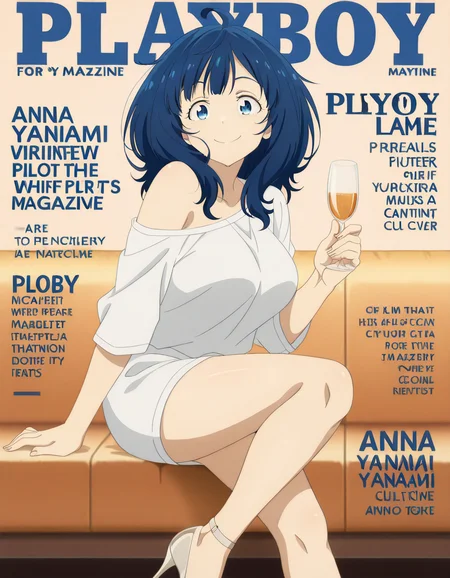 masterpiece, best quality, amazing quality,, <lora:anna-yanami-s1-illustriousxl-lora-nochekaiser:1>, anna yanami, yanami anna, medium hair, blue eyes, ahoge, blue hair, mature female, breasts, anime screencap, <lora:playboy-magazine-cover-illustriousxl-lora-nochekaiser:1>, playboy magazine cover, magazine cover, english text, playboy, smile, shirt, holding, white shirt, off shoulder, high heels, cup, cover, drinking glass, , ,