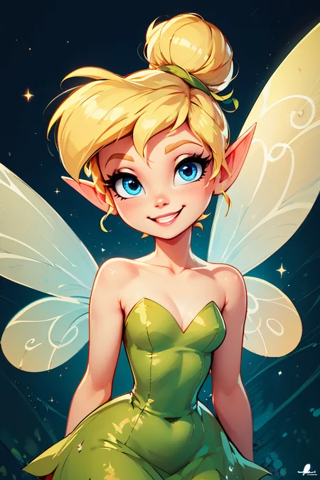 score_9, score_8_up, score_8, medium breasts, (curvy), cute, eyelashes,       BREAK, , TinkerWaifu, fairy wings, blue eyes, green dress, sexy, hair bun,  <lora:tinkerbellPonyXL_character:0.7>, , BREAK, smile, looking at viewer,  abstract background, white outline, cowboy shot, embedding:zPDXL, Expressiveh, <lora:CatalystStylePDXL:0.6>,  <lora:SDXLFaeTastic2400:0.5>,  <lora:Expressive_H-000001:0.4>,