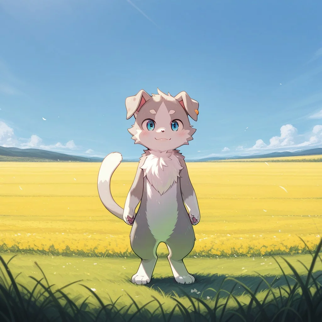 masterpiece, best quality, 1boy, furry, furry male, cute, solo, standing, full body, close mouth, field, blue sky, wide shot, happy, pu_ck, feral