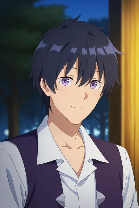 masterpiece, best quality, amazing quality, very aesthetic, high resolution, ultra-detailed, absurdres, newest, scenery, volumetric lighting, depth of field,anime screencap, , , 1boy, solo, male focus, <lora:hikaru:0.93>,hiraku machio,light purple eyes,black hair,short hair,bangs,hair between eyes,looking at viewer,shirt,white shirt,vest,closed mouth,collared shirt,outdoors, looking at you, portrait,open mouth, smile,