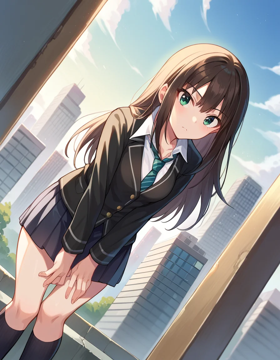 score_9, score_8_up, score_7_up, source_anime,
rinshibuya, <lora:rin-shibuya-ponyxl-lora-nochekaiser:1>,
rin shibuya, black hair, green eyes, long hair,
black skirt, black socks, collared shirt, green necktie, kneehighs, long sleeves, miniskirt, necktie, pleated skirt, school uniform, shirt, skirt, socks, striped, striped necktie, white shirt, wing collar,
outdoors, cityscape, bent over,
looking at viewer, dutch angle, cowboy shot,