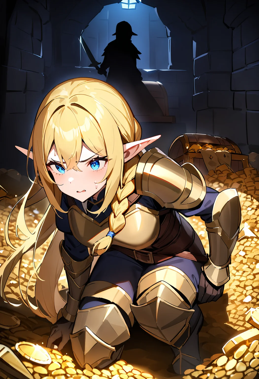 masterpiece, best quality, very aesthetic, absurdres, treasure chest, long hair, blonde hair, braid,single braid, on one knee,blue eyes, armor, leather armor, elf, (treasure chest:1.2), dungeon, stone walls, close up, torch, dark, darkness, night, shadow, ominous, (ominous shadow:1.2), sweat, worried, holding sword
<lora:treasure room (animagine) v1:0.7>