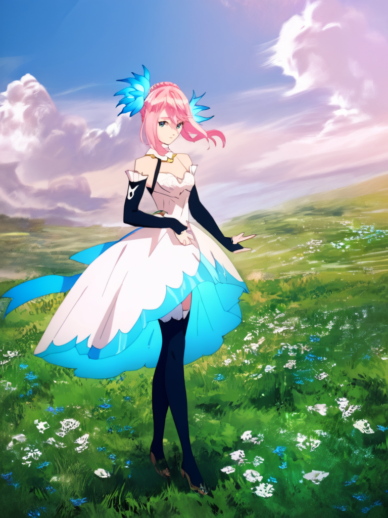 score_9, Score_8_up, Score_7_up, Score_6_up, masterpiece,  best quality, very aesthetic,  <lora:ShionneV2-08:1> 15 shionne 01b weddingdress, shionne 01b, pale skin, long hair, (blue eyes), wedding dress 1girl, solo, breasts, 1Girl, hair ornament, thighhighs, dress, bare shoulders, full body, pink hair, braid, detached sleeves, black thighhighss   <lora:detailed_backgrounds_v2:1> (scenery:1.3),  backgrounds scenery, complex background