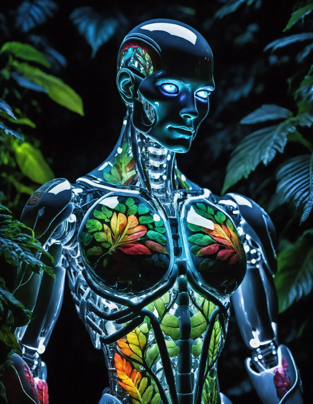 a professional image of the best quality showing the upper body of a transparent porcelain android looking at viewer, with glowing backlit panels, anatomical plants, dark forest, night, darkness, grainy, shiny, intricate plant details, with vibrant colors, colorful plumage, bold colors, flora, contrasting shadows, realistic, photographic