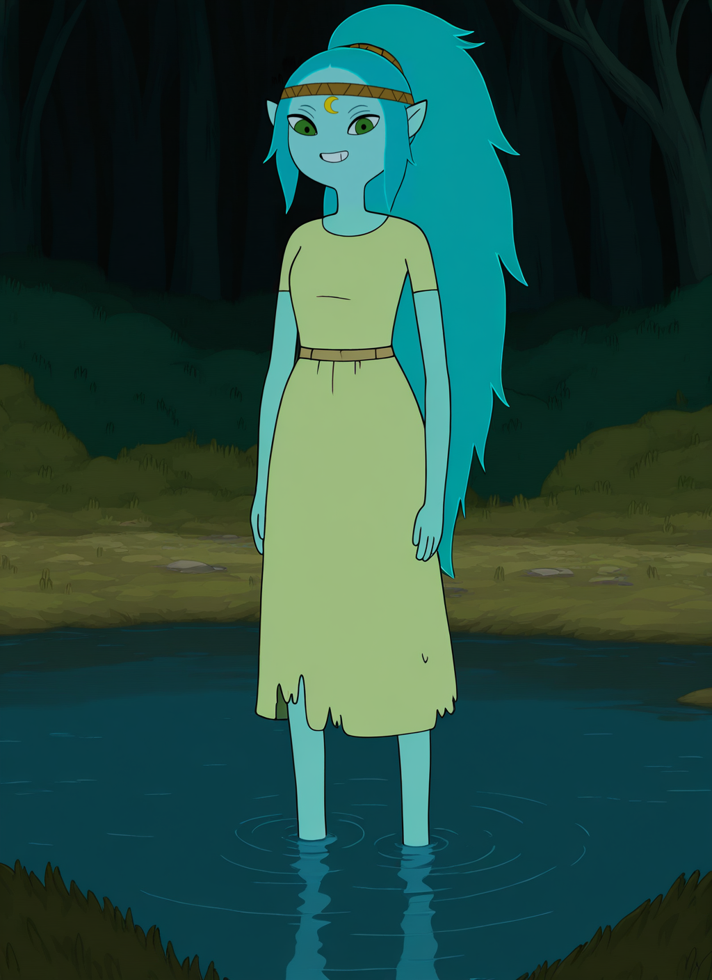 artist:, masterpiece, best quality, newest, very awa, absurdres, highres, advt, 1girl, cnyn, grin, blue skin, aqua hair, ponytail, long hair, green eyes, headband, pointy ears, forehead mark, looking at viewer, daytime, swamp, river, bushes, detailed, <lora:SDXL\Illustrous\Adventure_Time_style_and_characters:1.0>