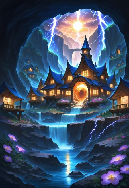 prefect lighting,very aesthetic,prefect hands,best quality,
intricate details,((highly detailed background)),(masterpiece:0.9),high quality, masterpiece,best quality,ultra-detailed, st_landscape, cave, thunder, lightning, river, flowers, rocks, lightings, sun, houses