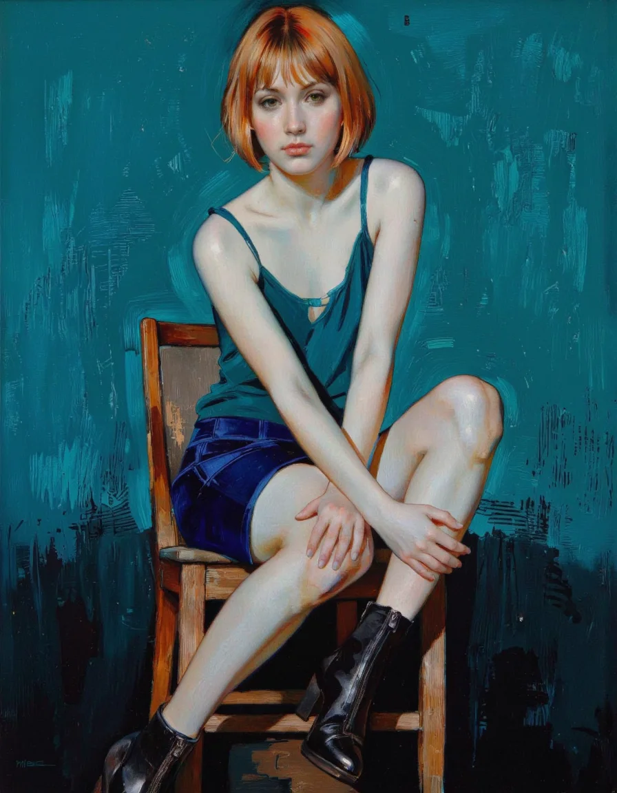 By Donna Young. A photo-realistic portrait shoot from the front about a young woman sitting on a wooden chair against a teal wall, wearing a sleeveless teal top and a short blue skirt, with her hands clasped together in front of her. the woman, who appears to be in her late teens or early twenties, has short, orange hair styled in a bob cut with bangs, and a serious expression on her face. she is sitting in the middle of the image, facing the viewer with her eyes looking directly at the viewer. her slim body is visible, and she is wearing black ankle boots with a zipper on the side. the background is a solid teal color, and the lighting is soft and warm, casting gentle shadows on her body.