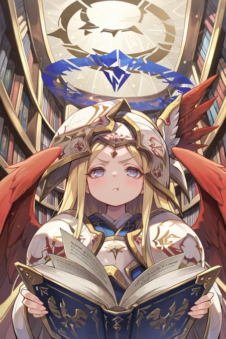 masterpiece, best quality, amazing quality, very aesthetic, absurd, newest, detailed eyes, <lora:illustrious_quality_modifiers_masterpieces_v1:0.8> , solo, <lora:ChamIllustriousBackgroundEnhancer:0.5>, detailed background, <lora:Kitn_marietta_illust:0.9> , Kitn_marietta_illust, blonde hair, wings, halo, armor, solo, heaven, exterior, frown, pout, library, reading book, looking dcown,