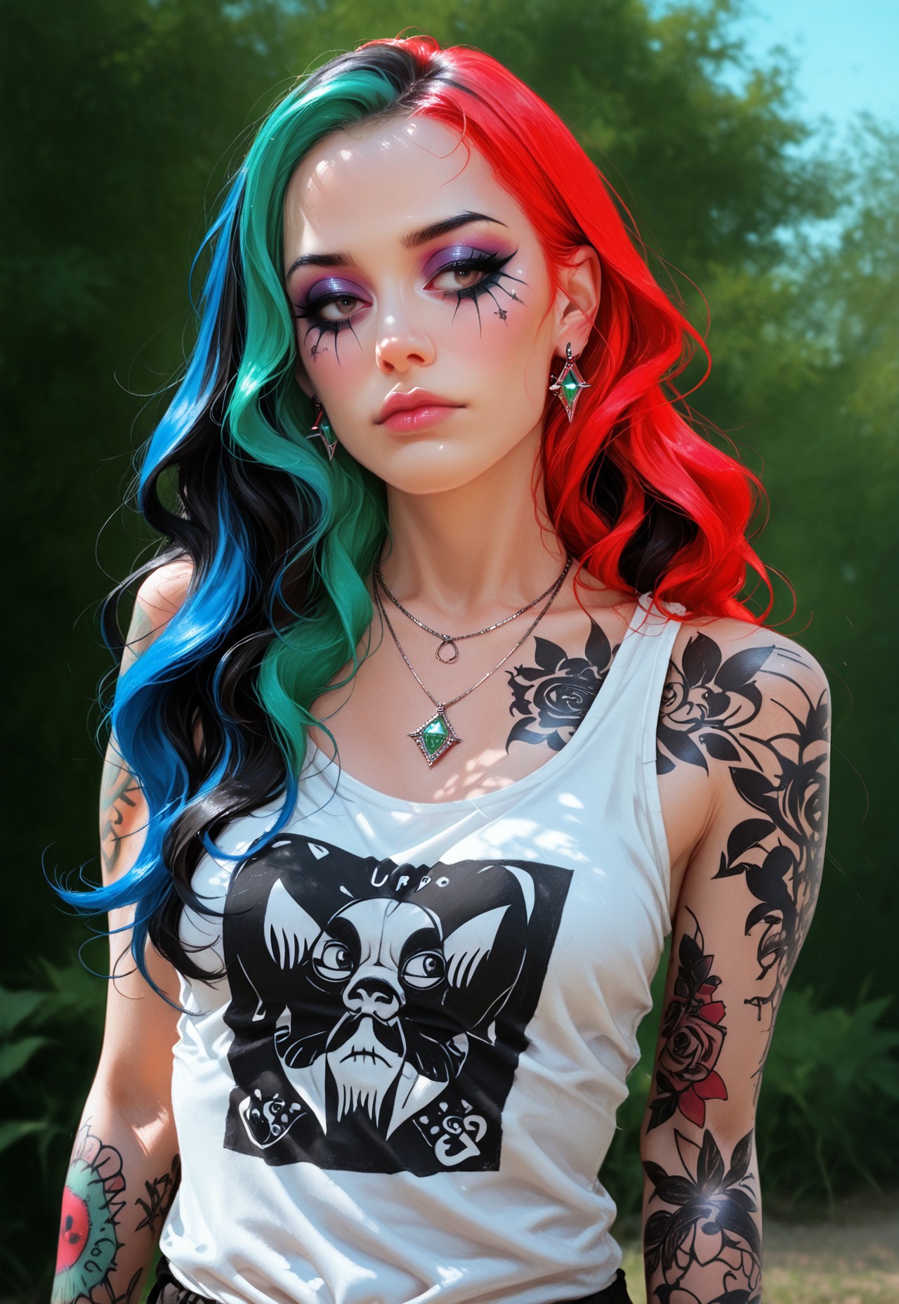 score_9,score_8_up, multicolored hair, hair,1girl, day, long hair, multi colored hair, alt girl, makeup,emo, emo makeup, lips, closed mouth, wavy hair, long hair, realistic,tank top,jewelry,necklace, (tattoos:1.8),earrings,posed, seductive,  shot from waist up