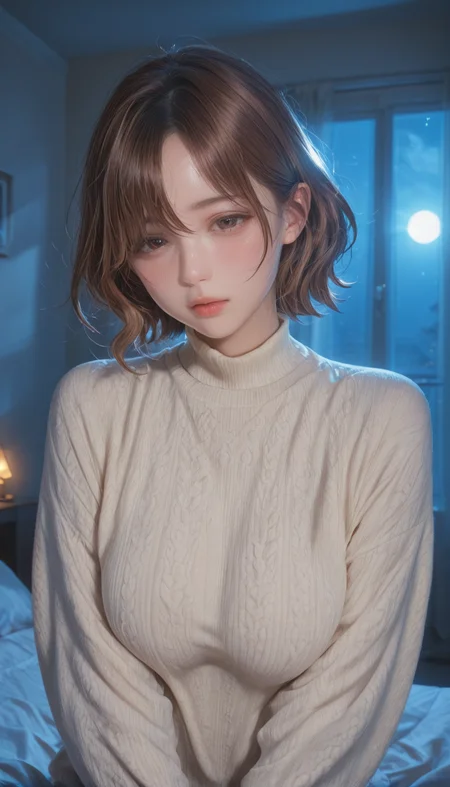 <lora:LCMTurboMix_Euler_A_fix:1> <lora:example_SDXL:0.3>, EZRealPONYXL, <lora:Dramatic Lighting Slider:3> <lora:realistic filter [IL]:1>
DSLR,realistic,cosplay photo, (very awa,masterpiece,best quality,year 2024,newest,absurdres,highres:1), realistic,skin texture,facial features, photography shot with Canon EOS 5D Mark IV , realistic, RAW, best quality, masterpiece, amazing quality, skin details,
1girl, highly detailed beautiful face, large natural breasts,
detailed background, shiny skin, dutch angle, night, moonlight,
beautiful detailed eyes, intricate details, absurdres, anime screencap,
artist: onono imoko, artist: taesi,
<lora:YD IL:1>
masterpiece, best quality, high resolution, absurdres, 1girl, oranyd, higuchi_madoka, indoors,  turtleneck_sweater, blush, looking_at_viewer, 
paw pose, half-closed eyes, open mouth, embarrassed, open mouth, upper body, indoors, bedroom,