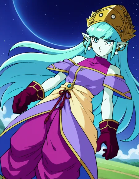 score_9, score_8_up, score_7_up, source_anime,
dragonballaeos, <lora:dragonball-aeos-ponyxl-lora-nochekaiser:1>,
aeos formtwo, long hair, gloves, jewelry, blue hair, earrings, pointy ears, pants, aqua hair, (colored skin:1.5), baggy pants, dress, (purple dress:1.5), leotard, (pink leotard:1.5),
outdoors, space, stars \(sky\),
looking at viewer, dutch angle, cowboy shot,