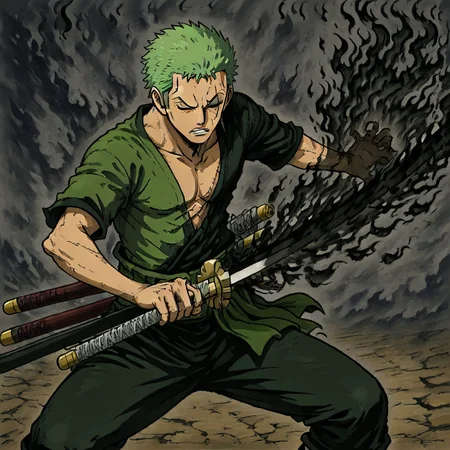 masterpiece, best quality, newest, absurdres, highres, anime, anime style, flaming sword, 1boy, Zoro \(one_piece\), green hair, scar, one eye closed, sword, weapon, holding sword, A/BFV1.0, black fire, fire, flame