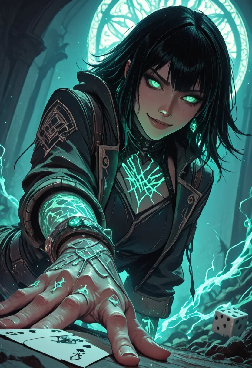 mysterious female gambler, punk mystic vibe, glowing eyes, smirking confidently, throwing glowing dice toward the viewer, enchanted playing cards, extreme foreshortening, dynamic action pose, angle from below, worm's-eye view, cinematic fantasy scene, dice in foreground appearing massive, sleek dark clothing with arcane glowing patterns, waist-up view, hand reaching toward the camera, glowing tattoos, energetic motion, dark magical saloon or ancient temple setting, mystical lighting, high detail, dramatic depth of field, visual intensity, bold composition, dark fantasy style, ultra sharp focus on eyes and dice,