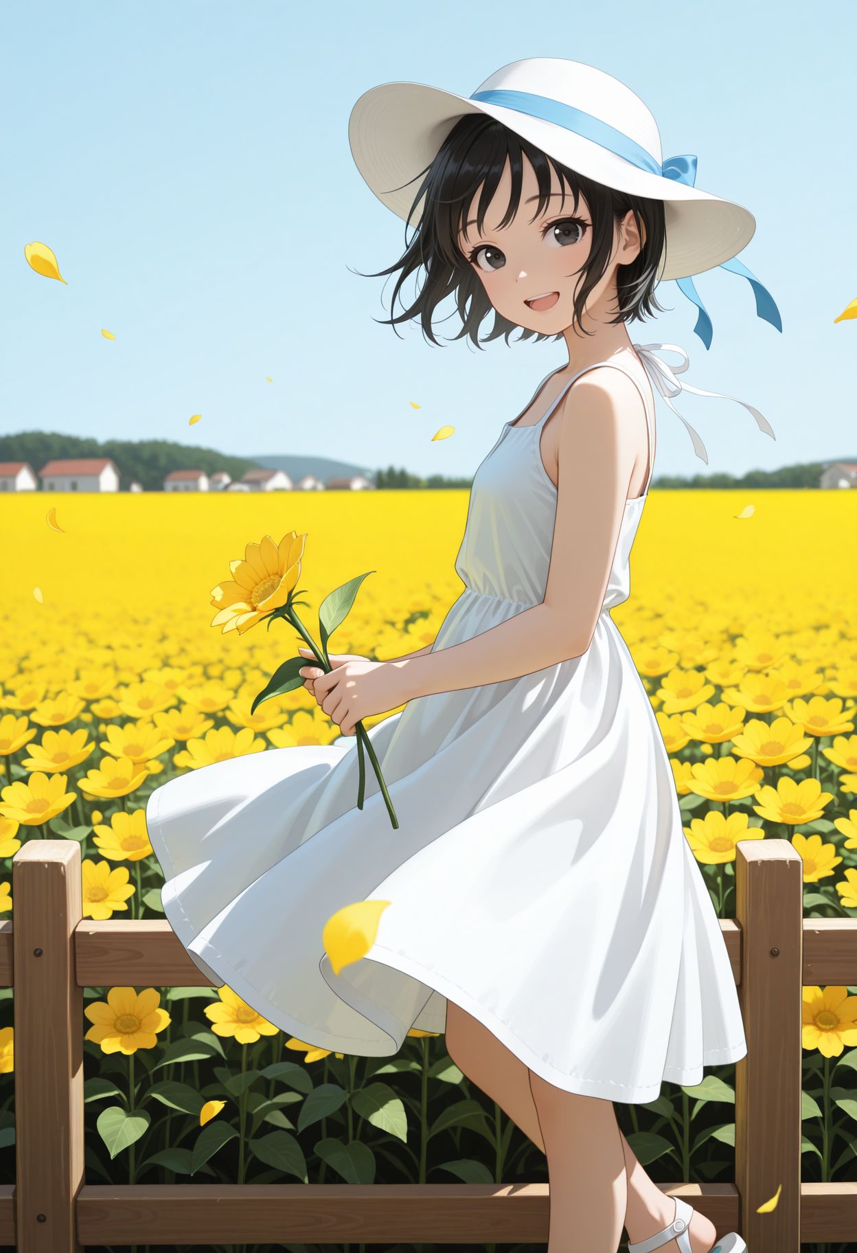 masterpiece,best quality,absurdres,highres, looking at viewer, light blue background, very awa upper body
,  <lora:Rindou llu:1> 1girl, black hair, short hair, black eyes, hat, petals, falling petals, white footwear, sleeveless, bare arms, sundress, field, flower field, looking to the side, :d, yellow flower, toes, white headwear, black eyes, fence, sandals, wooden fence, wind, wind lift, sun hat, holding flower