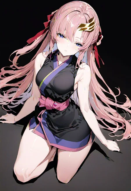 masterpiece, best quality, ultra-detailed, beautiful, nai3, 1girl, solo, full_body, tachi-e, 
lacus clyne, grey eyes, pink hair, long hair, bangs, hair ornament, japanese clothes, black sleeveless kimono, bare shoulders, red hair ribbon