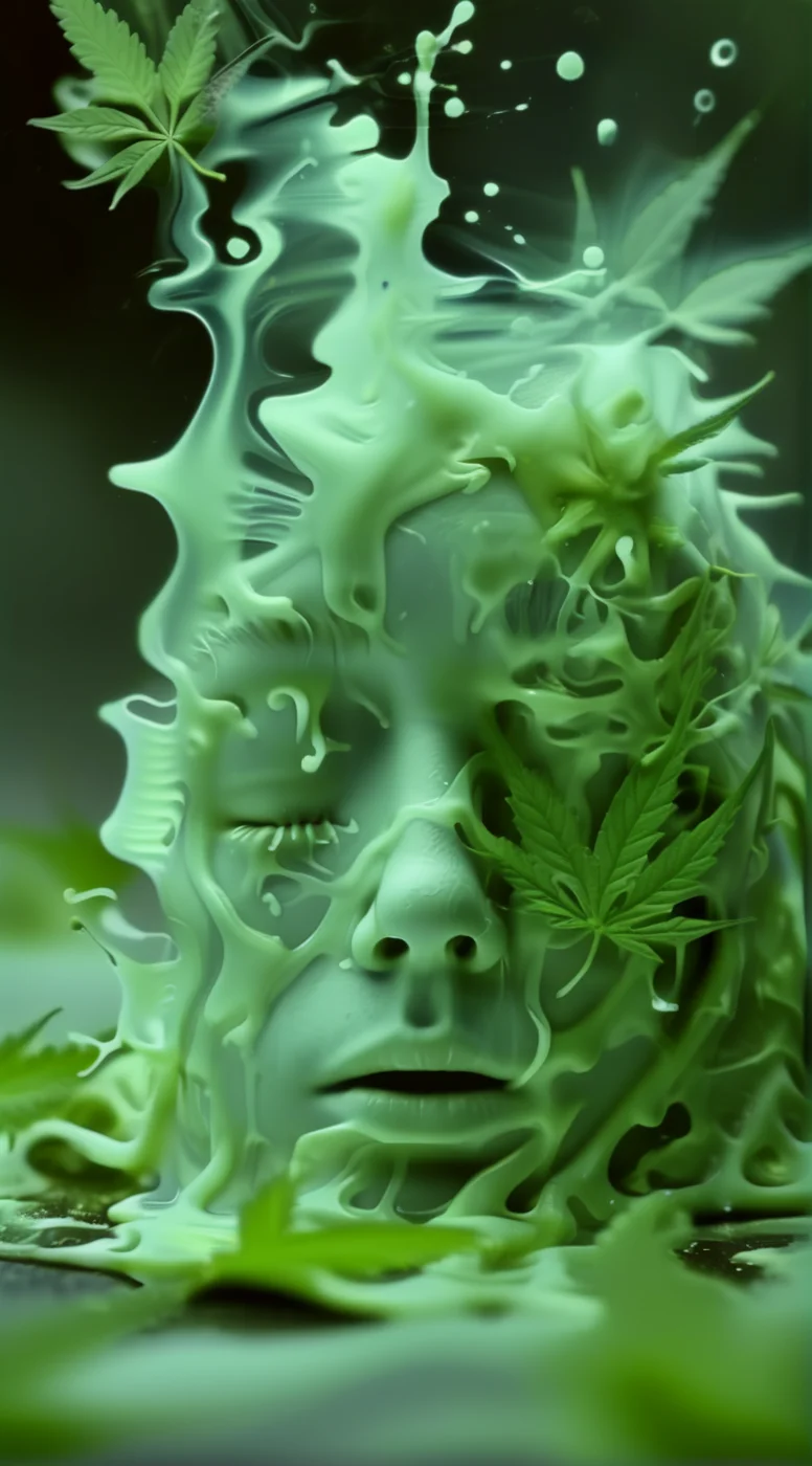solvique a marijuana smoker melting marijuana leaves, in garden, cinematic, psyhodelic <lora:solvique:1>