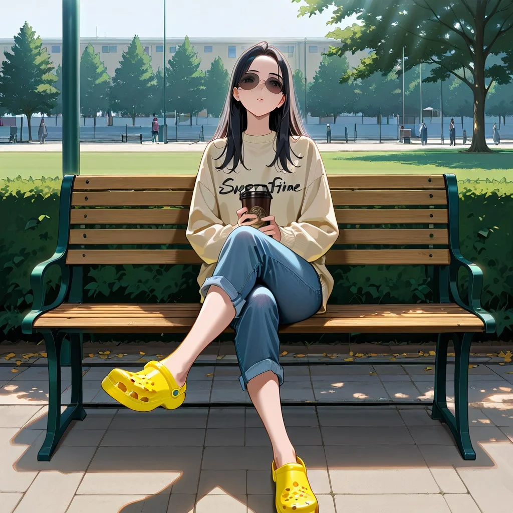 (masterpiece, newest, best quality, highly detailed, very awa, superfine illustration, official art style), very detailed face, hyperrealistic, (UHD quality details), crocs_shoes, 1girl, sitting, legs crossed, bench, dark hair, bobbed hair, sunglasses, stonewashed jeans, sweatshirt, takeaway coffee, outdoors, public park, sunlight, 8k uhd, absurdres, volumetric lighting, tack sharp focus, beautiful composition, intricate detail, professional illustration