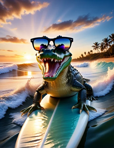 (RAW photo:2), (hyperrealisitic:2), (photorealistic:2), (realistic:2)
crocodile goes surfing wearing sunglasses while doing peace sign, sunset, wider shot, waves, realistic shadows, fine details, ultra-quality, magical and mysterious ambiance,
<lora:Low-key lighting Style:1> Low-key lighting Style, dim light, low light, dramatic light, partially covered in shadow