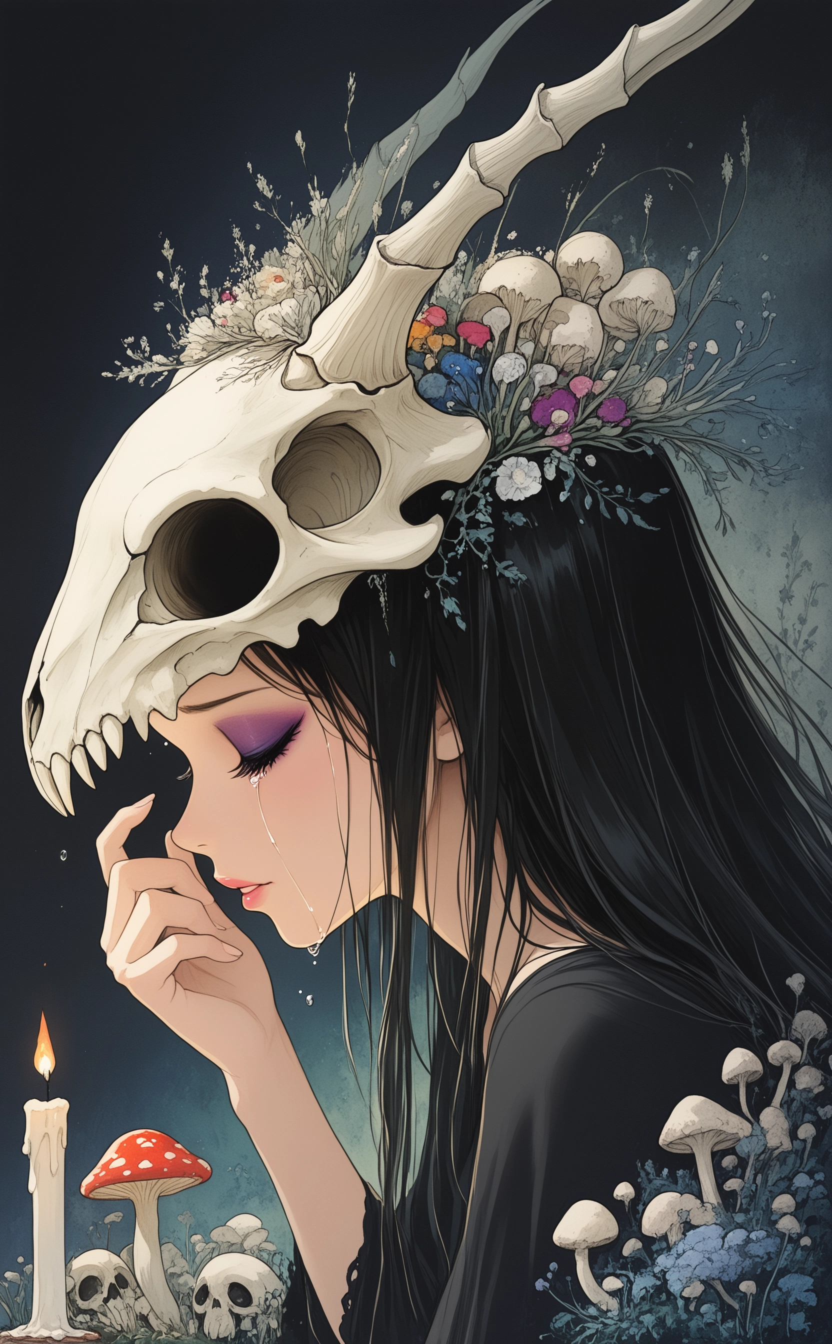 masterpiece, best quality, amazing quality, 1girl, solo, long hair, black hair, upper body, closed eyes, parted lips, hand up, tears, from side, eyelashes, lips, profile, makeup, mask, crying, portrait, hand on own face, eyeshadow, skull, candle, mushroom, animal skull, ArsMJStyle, Delicate Whimsy，
Studio Ghibli Dark Fairytale,
colorful <lora:noobai_ep11_stabilizer_v0.138_fp16:0.3> <lora:NOOB_vp1_detailer_by_volnovik_v1:0.3> <lora:Dark_Ghibli:0.8> <lora:DelicateWhimsyIllustrious:1>