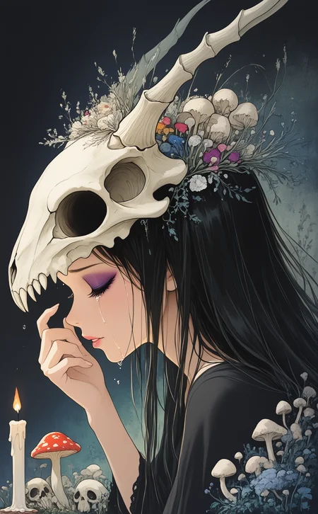 masterpiece, best quality, amazing quality, 1girl, solo, long hair, black hair, upper body, closed eyes, parted lips, hand up, tears, from side, eyelashes, lips, profile, makeup, mask, crying, portrait, hand on own face, eyeshadow, skull, candle, mushroom, animal skull, ArsMJStyle, Delicate Whimsy,
Studio Ghibli Dark Fairytale,
colorful <lora:noobai_ep11_stabilizer_v0.138_fp16:0.3> <lora:NOOB_vp1_detailer_by_volnovik_v1:0.3> <lora:Dark_Ghibli:0.8> <lora:DelicateWhimsyIllustrious:1>