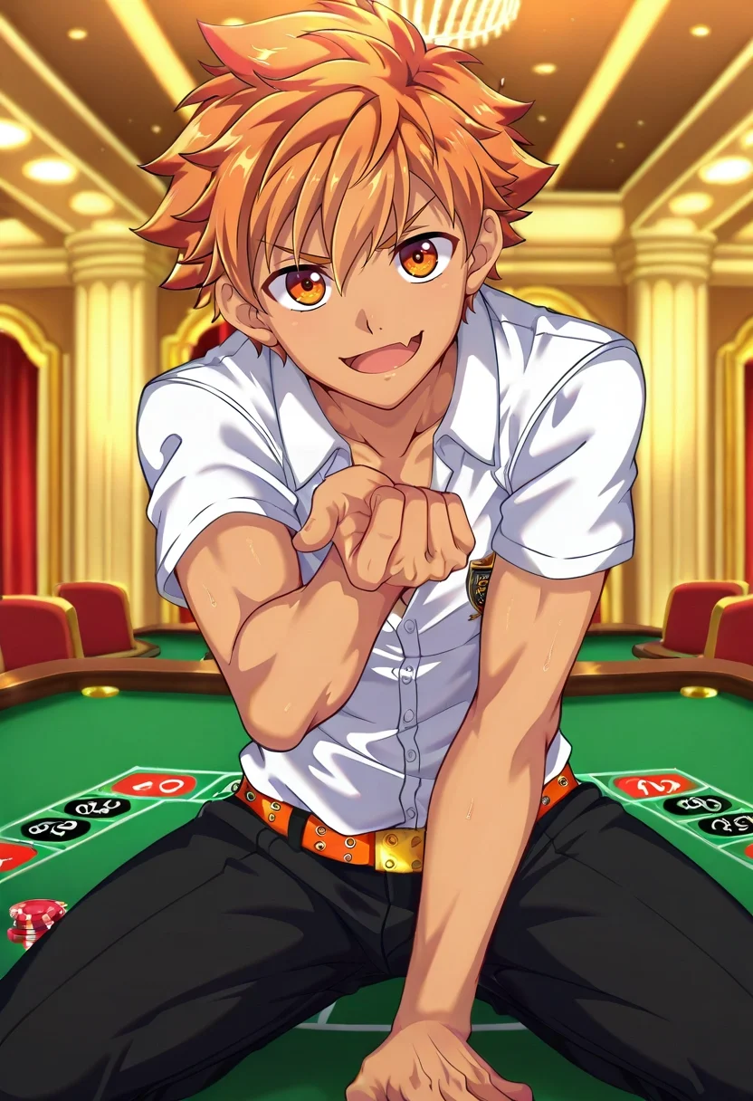 masterpiece, best quality, , anime screencap, , , , depth of field, 1boy, solo, male focus, <lora:jirou_camp_buddy_ilxl:0.94>, jirou_camp_buddy, orange hair, orange eyes, , asymmetrical, las vegas, casino, light, pose, skin fang,