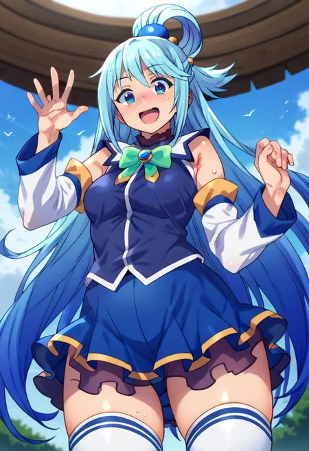 (zPDXL3),
(zPDXLxxx),
score_9, score_8_up, score_7_up,
1girl,
solo,
aqua \(konosuba\), long hair, blue eyes, hair ornament, very long hair, blue hair, hair rings, single hair ring, hair bobbles,
skirt, shirt, thighhighs, bare shoulders, detached sleeves, white thighhighs, blue skirt, blue shirt, green bow,
pose,
cowboy shot,
from below,
joy,