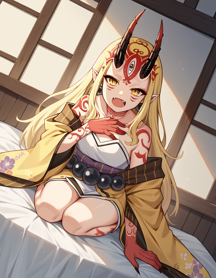 score_9, score_8_up, score_7_up, source_anime, <lora:fgo-ibaraki-douji-ponyxl-lora-nochekaiser:1>, ibaraki douji, blonde hair, facial mark, fang, forehead, horns, long hair, oni, oni horns, pointy ears, yellow eyes,, earrings, japanese clothes, jewelry, kimono, leg tattoo, neck tattoo, oni, oni horns, shoulder tattoo, tattoo, yellow kimono,, bedroom, alarm clock, morning routine, yawning, stretching, on bed,, smile, looking at viewer, arm crossed over chest, solo,, cowboy shot, dutch angle