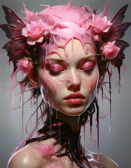 realistic, 1girl, closed eyes, dripping, lips, portrait, pink flower, grey background, makeup, pink rose, lipstick, thorns, hair ornament, eyelashes, plant, pink hair, vines, beautiful, elegant, epic, stunning, highly detailed, cinematic, artistic, complex, sharp focus, color, illuminated, extremely adorable, intricate, fantastic detail
<lora:DrippingXL:1>, , <lora:FILM_PHOTOGRAPHY_STYLE:0.25>
