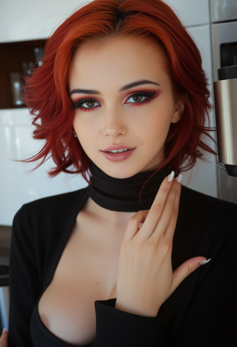 polaroid style, analog film photo of a scene girl, red hair, eyeliner, black turtleneck sweater, kitchen, holding her hands up for the camera, showing off her fingers, her eyes are perfect, with two equal circular pupils and a strikingly beautiful face. The image as a whole has amazing detail, with all the textures and areas of the room popping with the little imperfections that emphasize the place as real