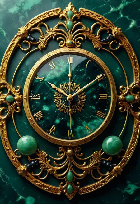 made from jade and obsidian, jade, obsidian,score_9, score_8_up, score_7_up, expensive looking, clock, golden clockhandsб golden metal pattern (mtlartCE_style)